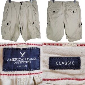 American Eagle Mens 31 Khaki Cargo 10” Shorts Classic Fit Pockets Fatigue